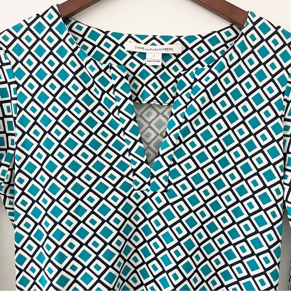 Diane von Furstenberg Diamond Print Sheath Dress Green White Black Cotton Silk 2 - Picture 7 of 9